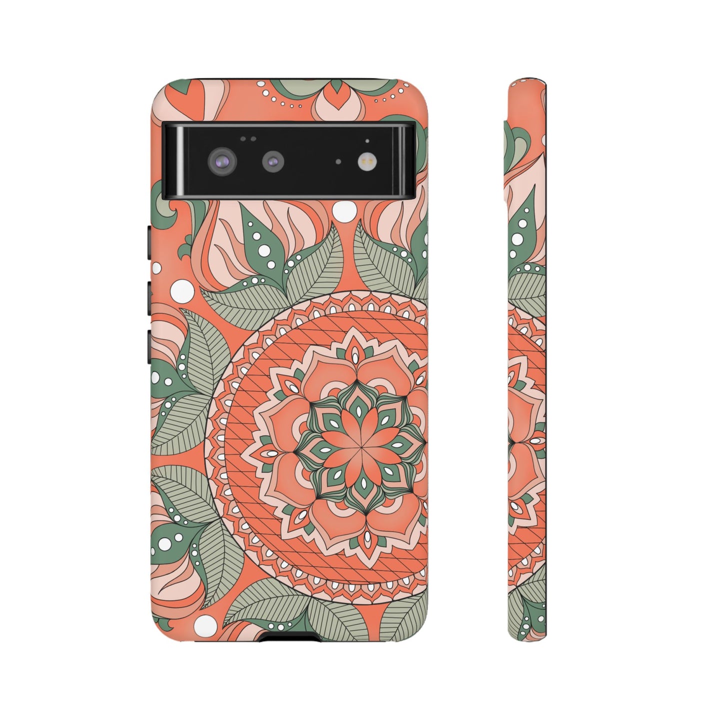 "Persimmon" Mandala Floral Phone Case — Boho Coral Green Protective Cover