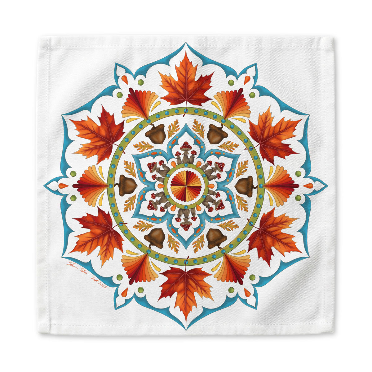 Autumn Mandala Cotton Napkin — Fall Leaves & Acorns Boho Table Linen | Harvest Dinner Gift