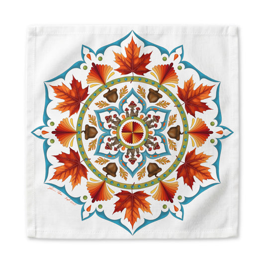 Autumn Mandala Cotton Napkin — Fall Leaves & Acorns Boho Table Linen | Harvest Dinner Gift