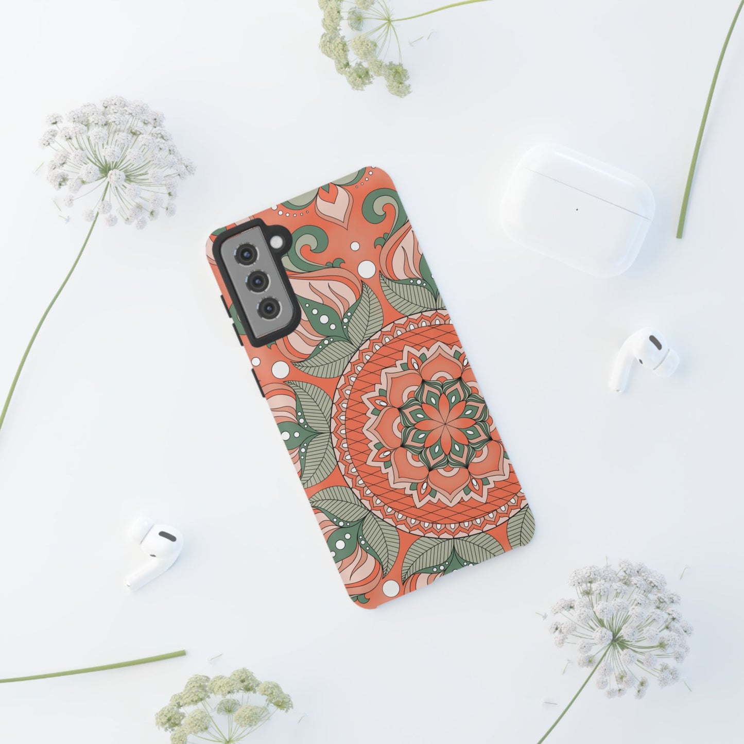 "Persimmon" Mandala Floral Phone Case — Boho Coral Green Protective Cover