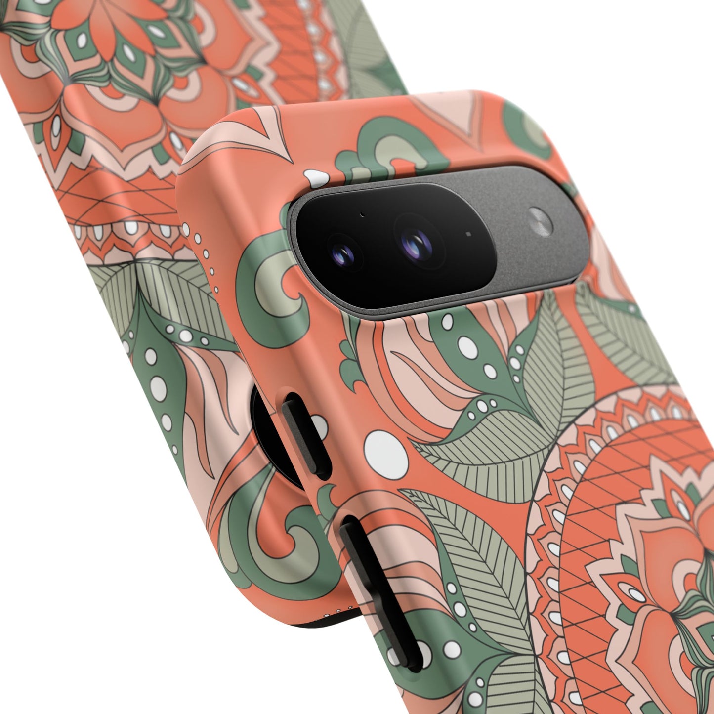 "Persimmon" Mandala Floral Phone Case — Boho Coral Green Protective Cover