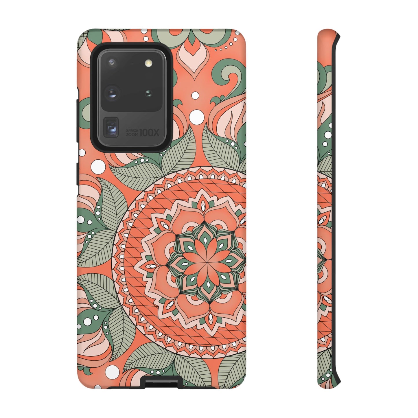 "Persimmon" Mandala Floral Phone Case — Boho Coral Green Protective Cover