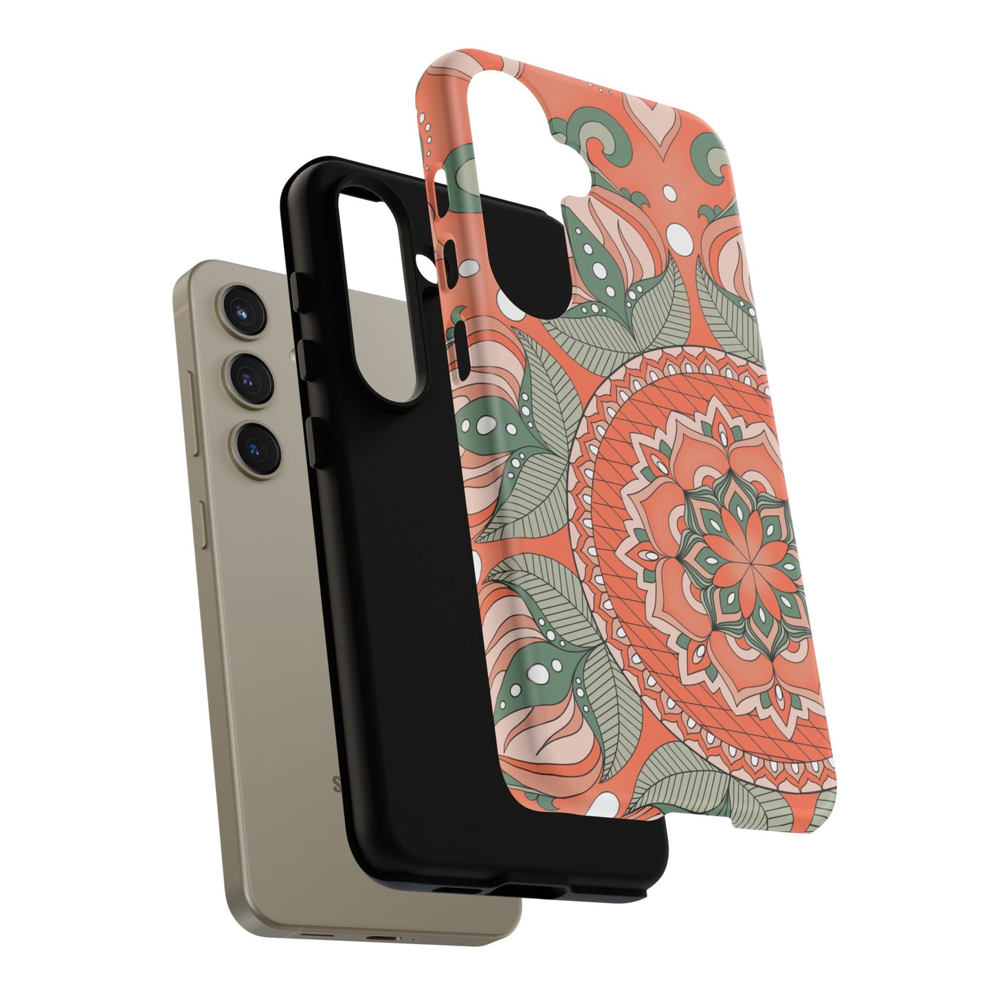 "Persimmon" Mandala Floral Phone Case — Boho Coral Green Protective Cover