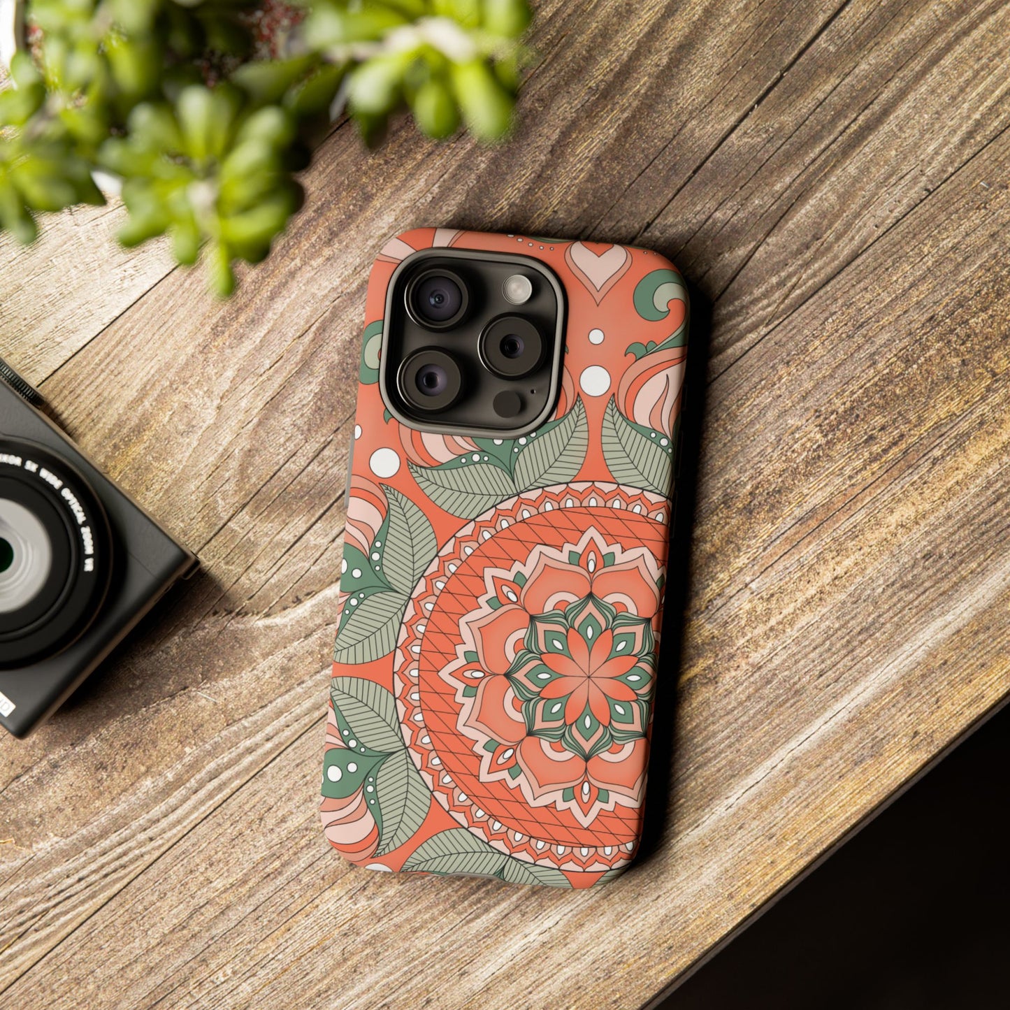 "Persimmon" Mandala Floral Phone Case — Boho Coral Green Protective Cover