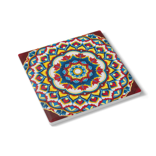 Mandala Ceramic Coaster — Colorful Boho Drink Coaster with Cork Back