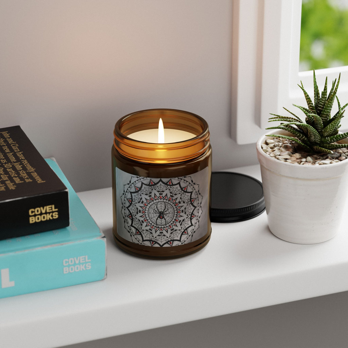 Spooky Spider Mandala Soy Candle in Amber Jar