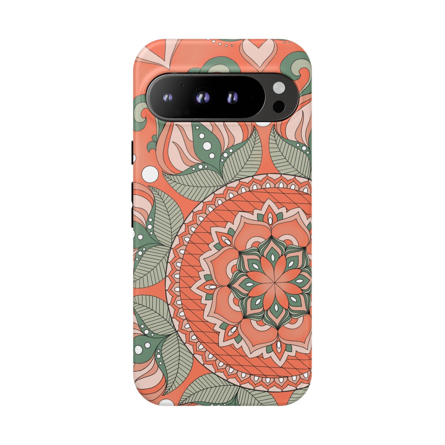 "Persimmon" Mandala Floral Phone Case — Boho Coral Green Protective Cover