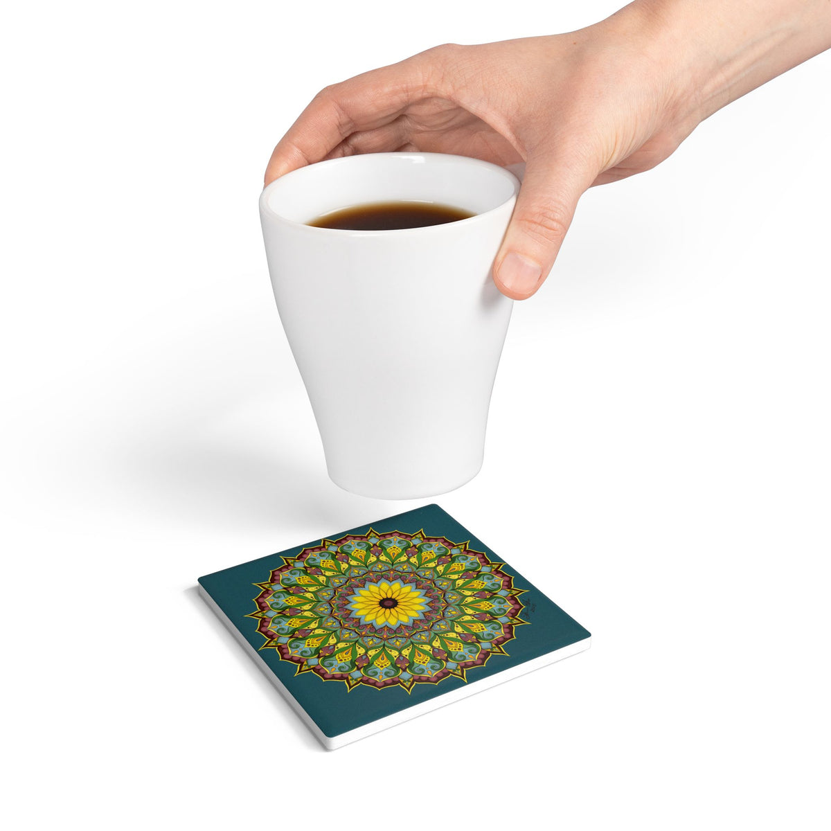 Sunflower Mandala Ceramic Coaster — Boho Floral Home Decor | Colorful Gift for Her