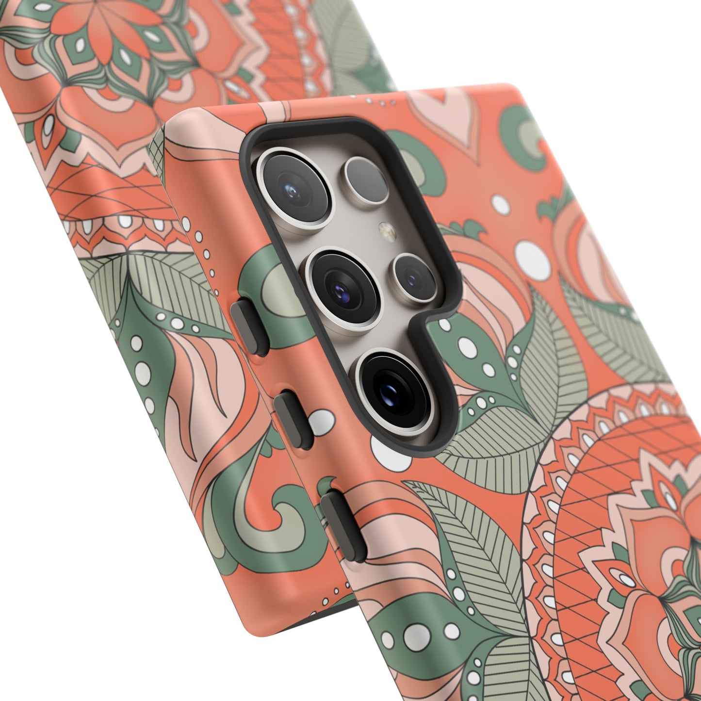 "Persimmon" Mandala Floral Phone Case — Boho Coral Green Protective Cover
