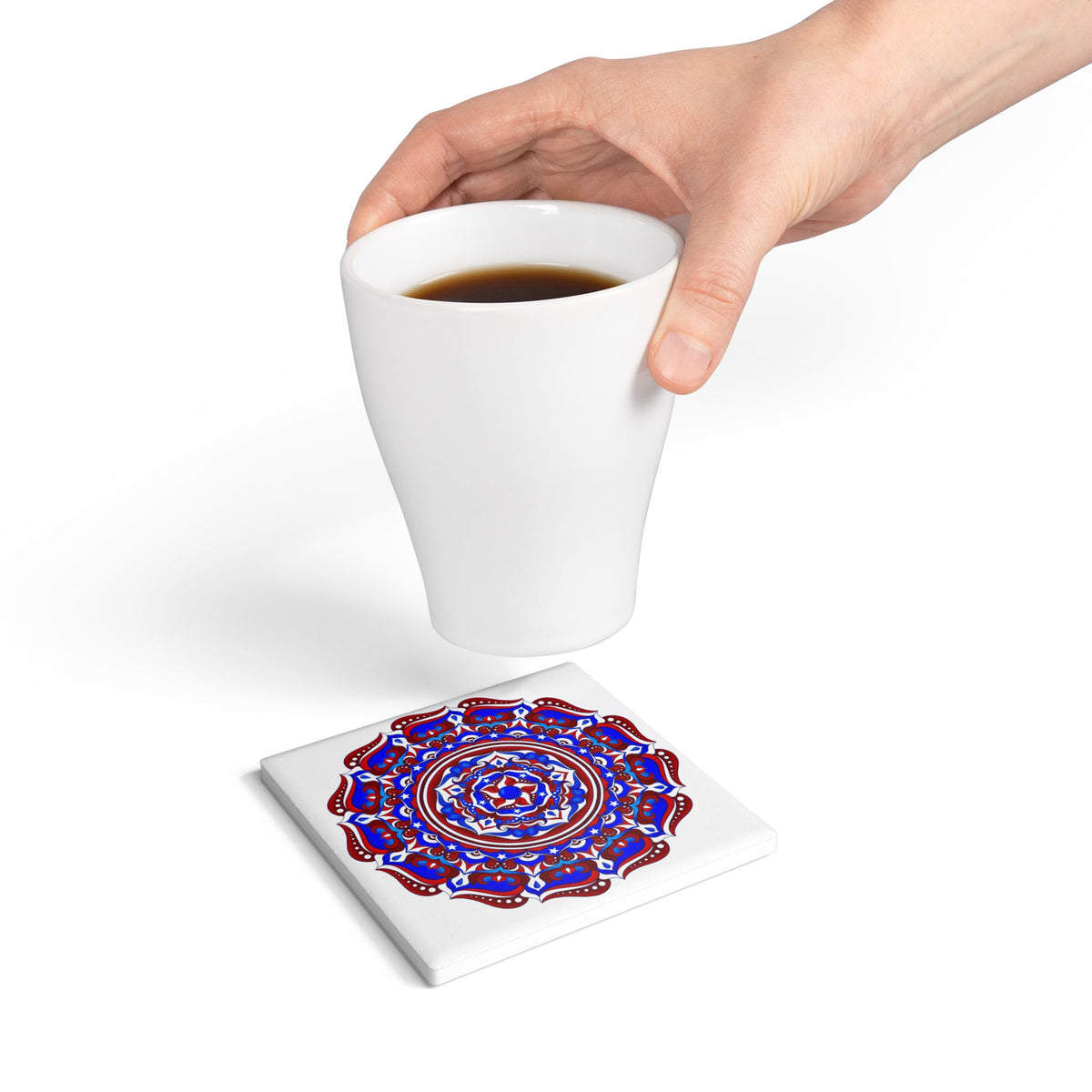 Patriotic Mandala Ceramic Coaster — Red White & Blue Boho Home Decor | 250th Anniversary Gift