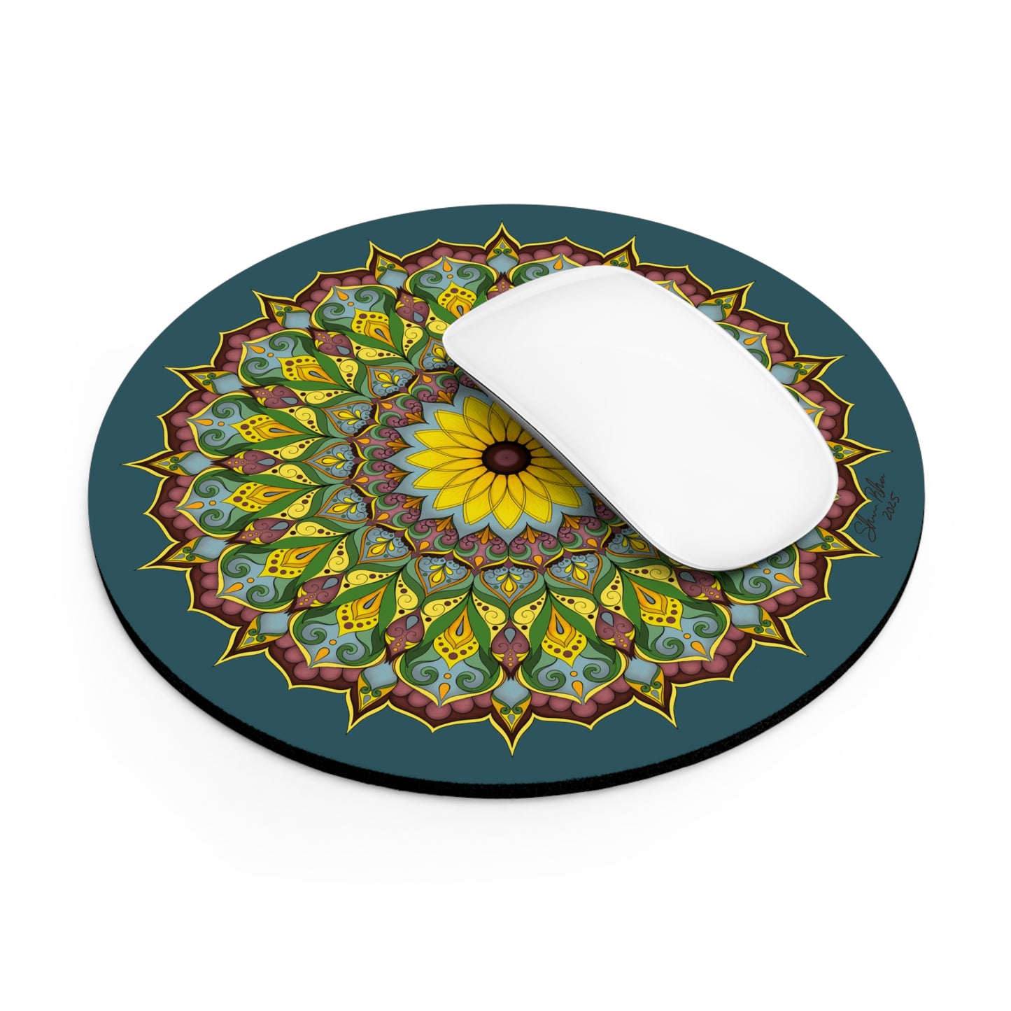 Black-eyed Susan Mandala Mouse Pad — Round Floral Desk Mat for Home Office, Boho Zen Desk Accessory