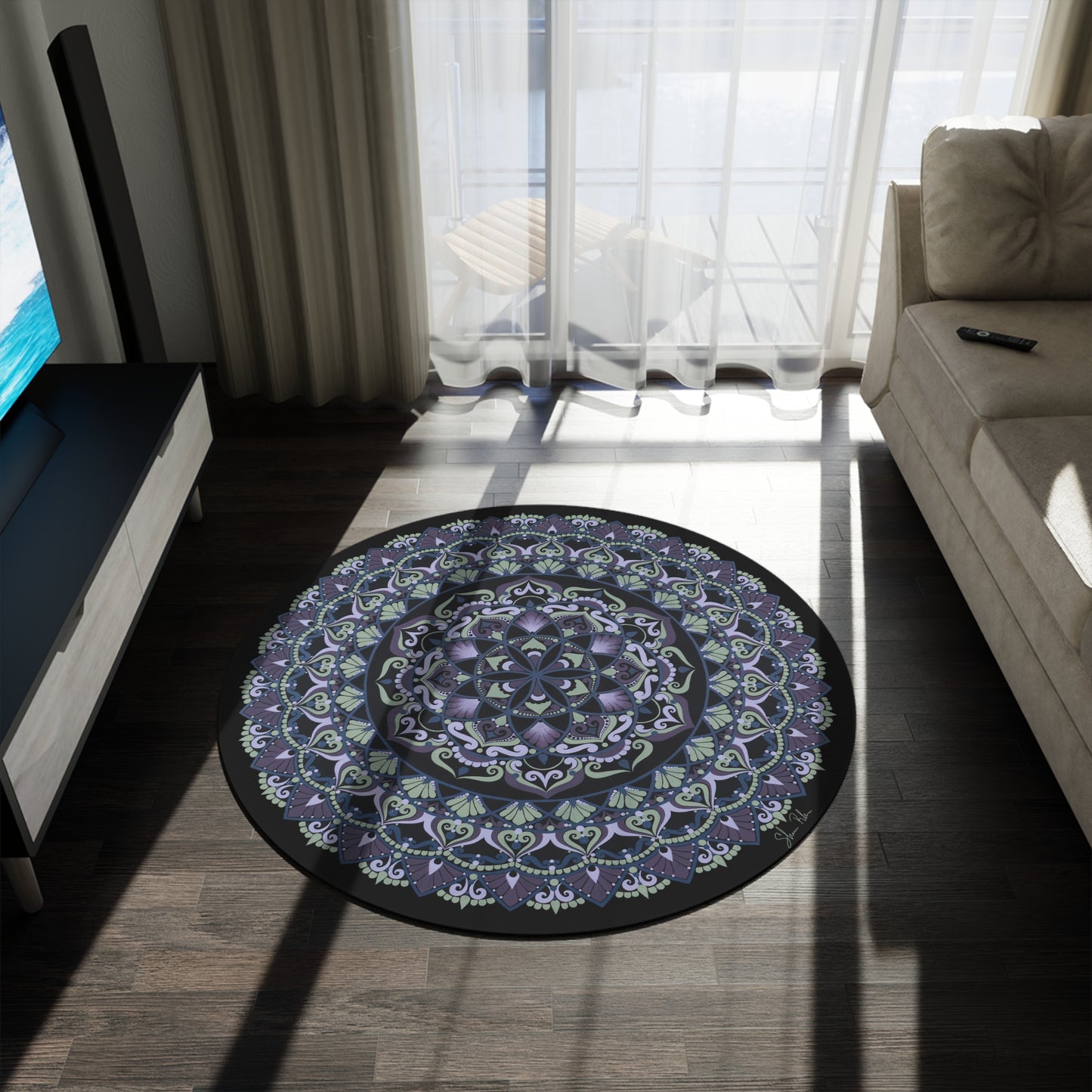 "Wisteria Bloom" Bohemian Mandala Round Rug — Purple Floral Meditation Decor