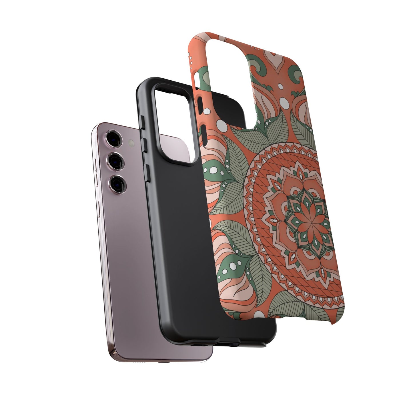 "Persimmon" Mandala Floral Phone Case — Boho Coral Green Protective Cover