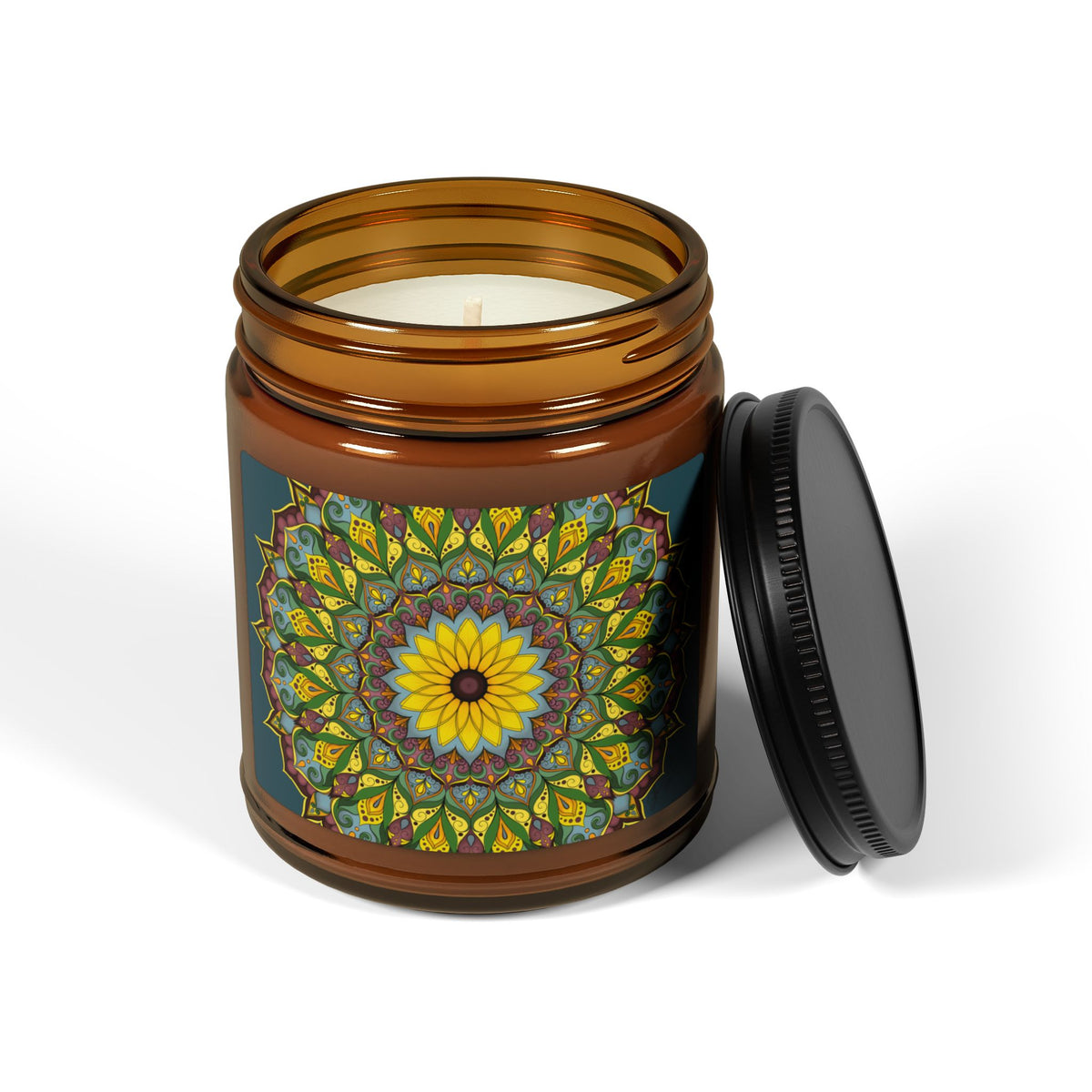 Sunflower Mandala Soy Candle in Amber Jar