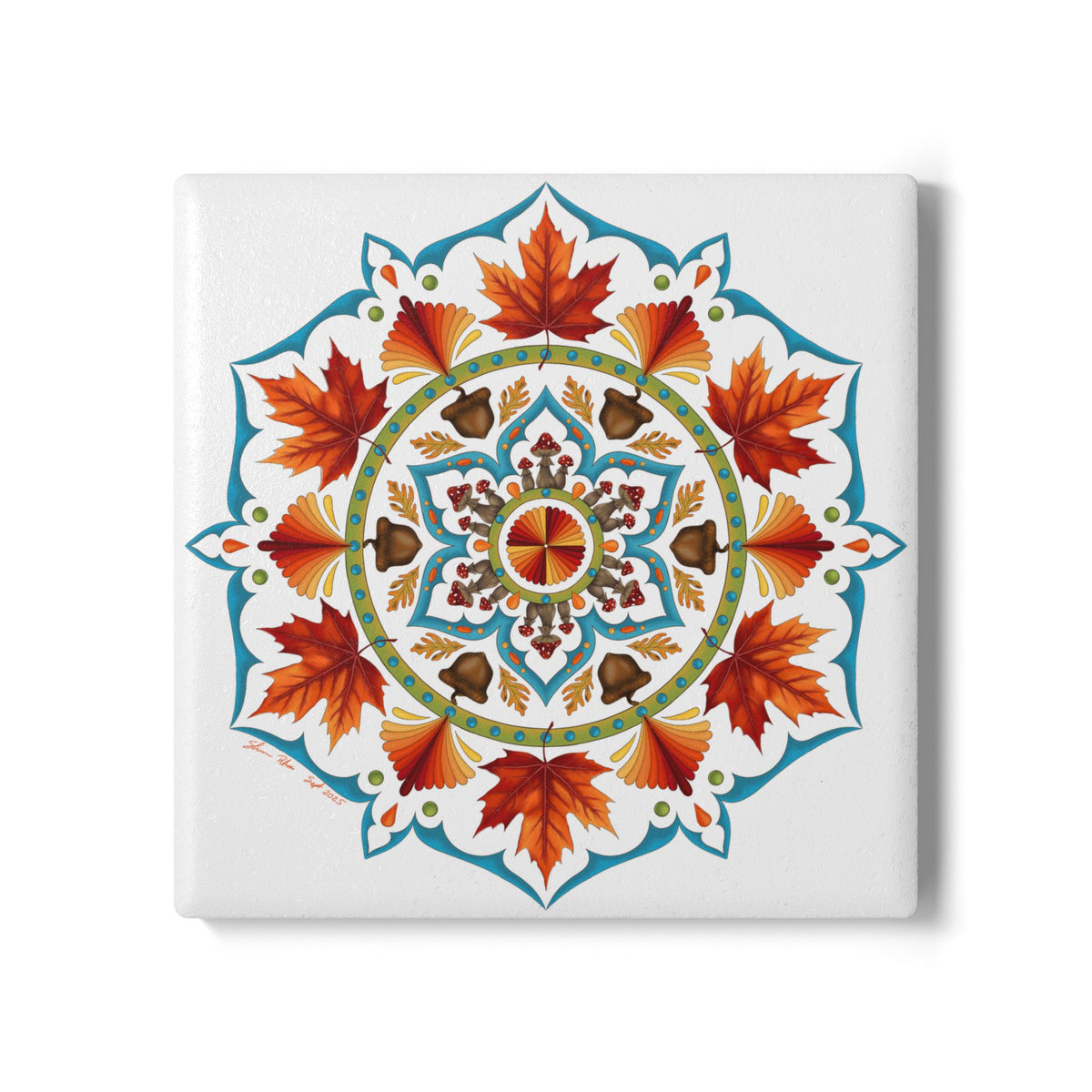 Autumn Mandala Ceramic Coaster — Fall Leaves & Acorns Boho Home Decor Gift