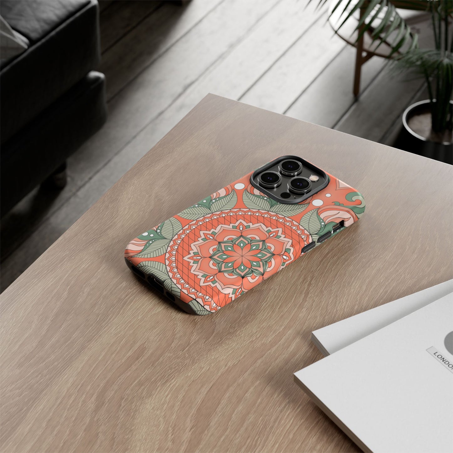 "Persimmon" Mandala Floral Phone Case — Boho Coral Green Protective Cover