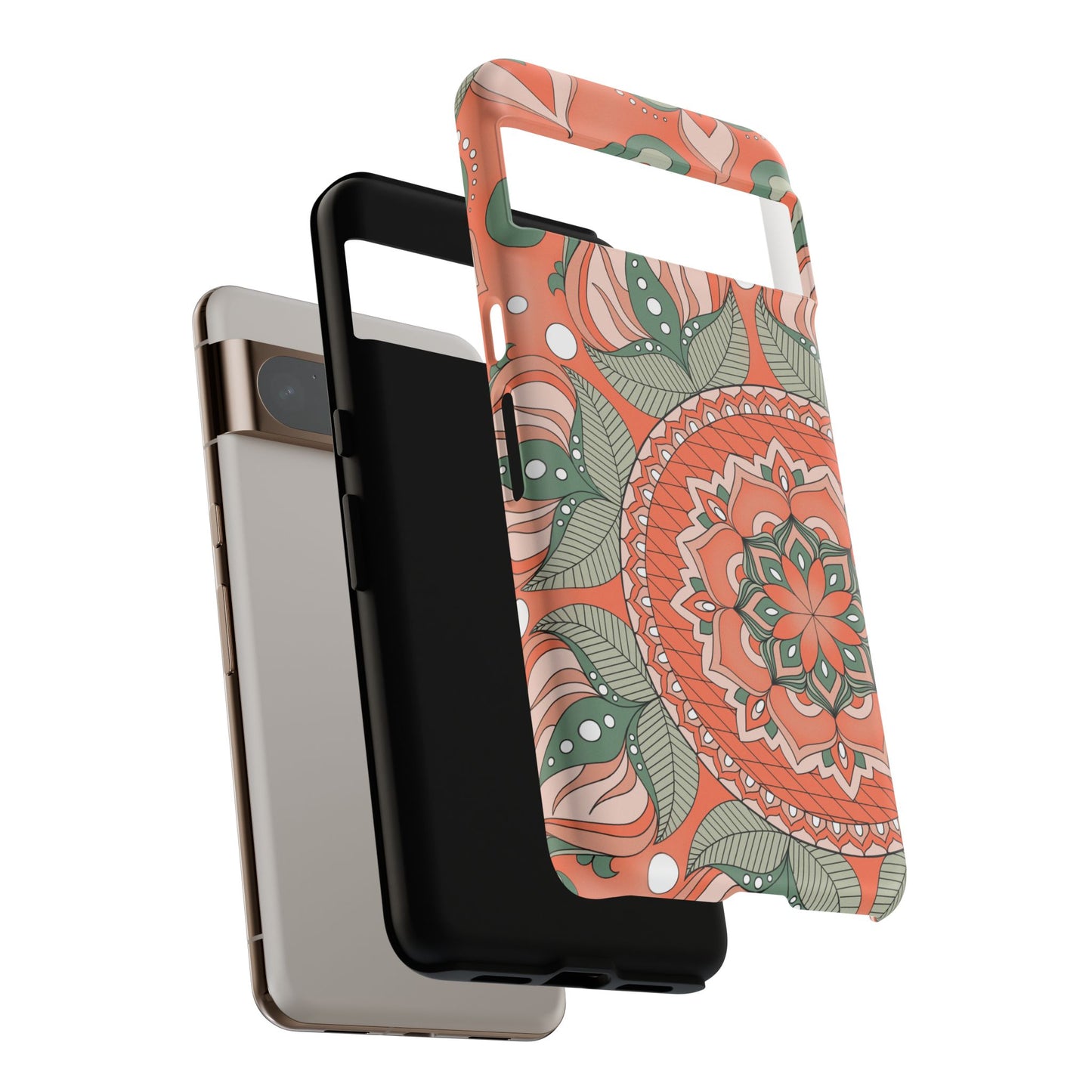 "Persimmon" Mandala Floral Phone Case — Boho Coral Green Protective Cover