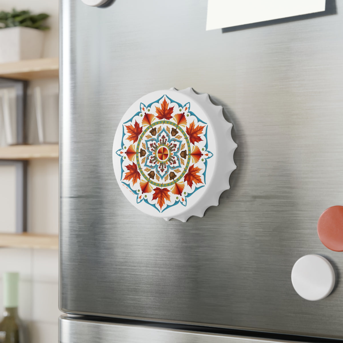 Autumn Mandala Bottle Opener — Fall Leaves Decorative Magnetic Cap Opener | Cozy Seasonal Gift