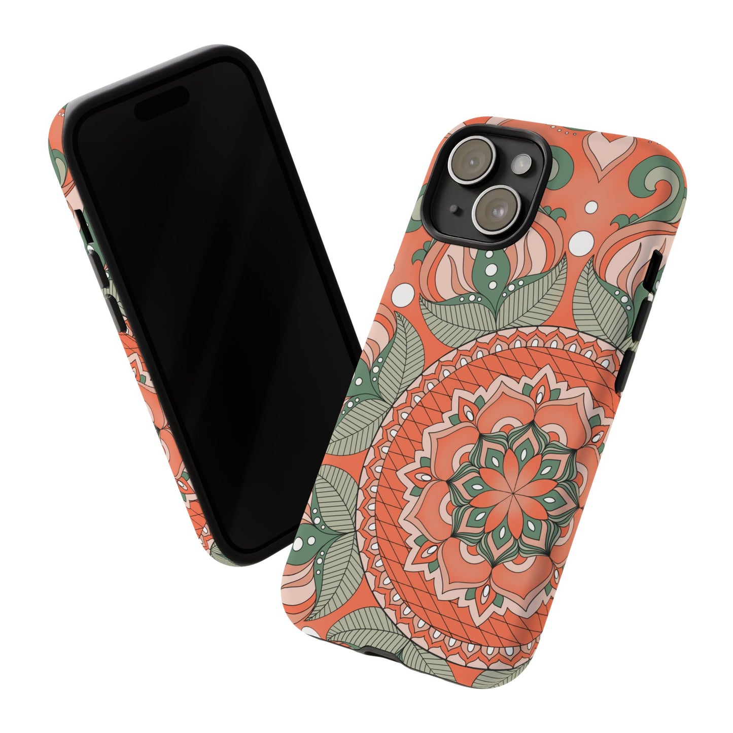"Persimmon" Mandala Floral Phone Case — Boho Coral Green Protective Cover