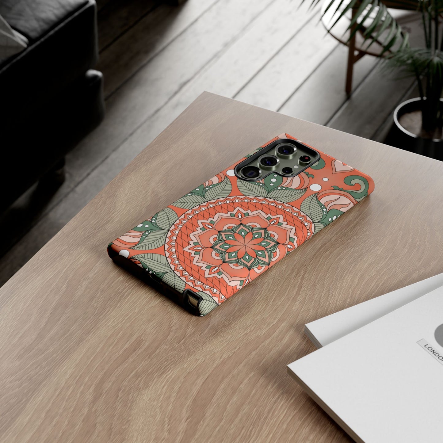 "Persimmon" Mandala Floral Phone Case — Boho Coral Green Protective Cover