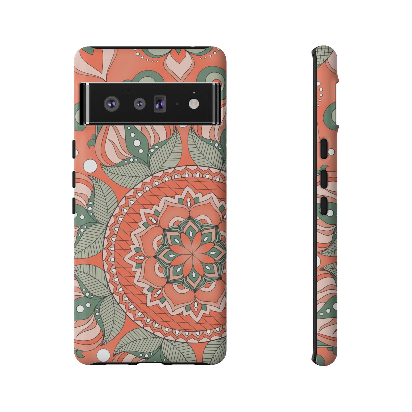 "Persimmon" Mandala Floral Phone Case — Boho Coral Green Protective Cover