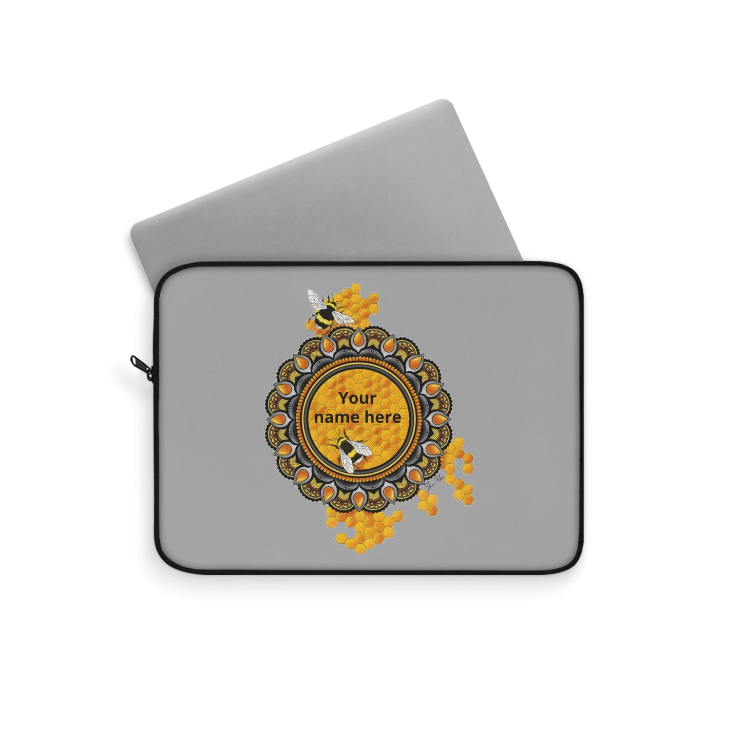 Personalized Honeybee Laptop Sleeve — Custom Name Botanical Mandala Design