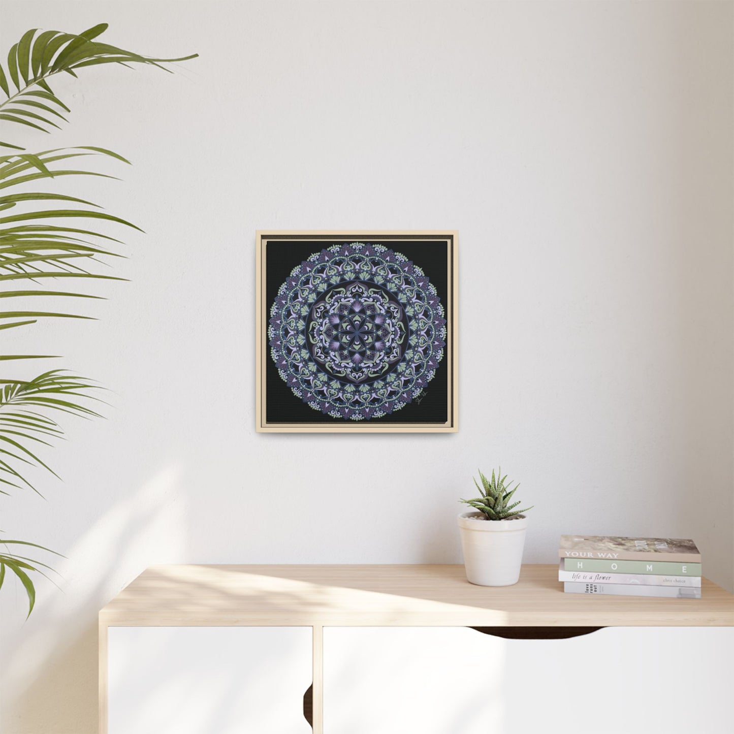 Framed "Wisteria Bloom" Mandala Wall Art — Purple Floral Geometric Canvas