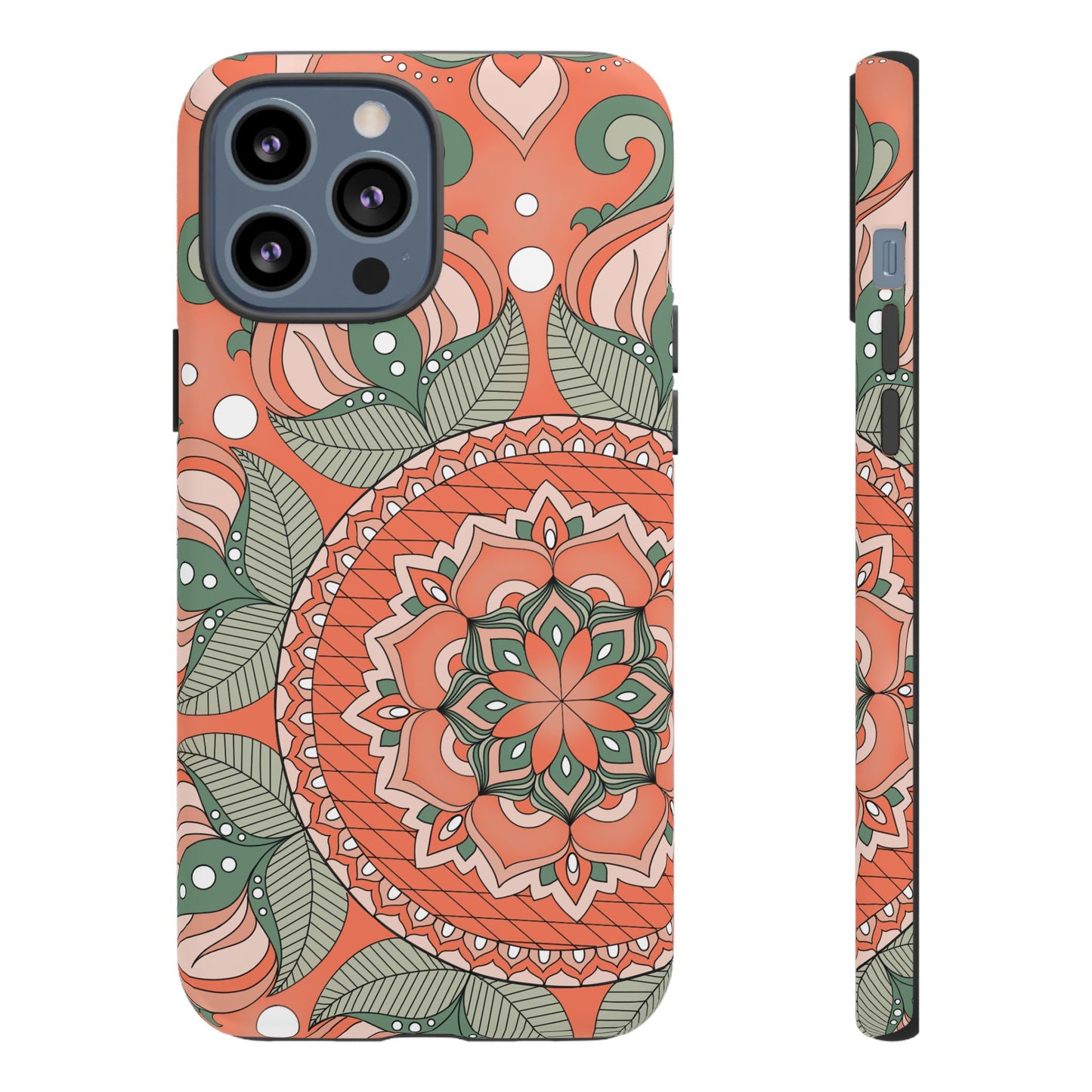 "Persimmon" Mandala Floral Phone Case — Boho Coral Green Protective Cover