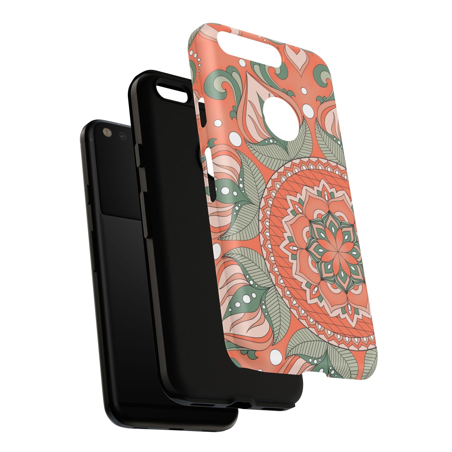 "Persimmon" Mandala Floral Phone Case — Boho Coral Green Protective Cover