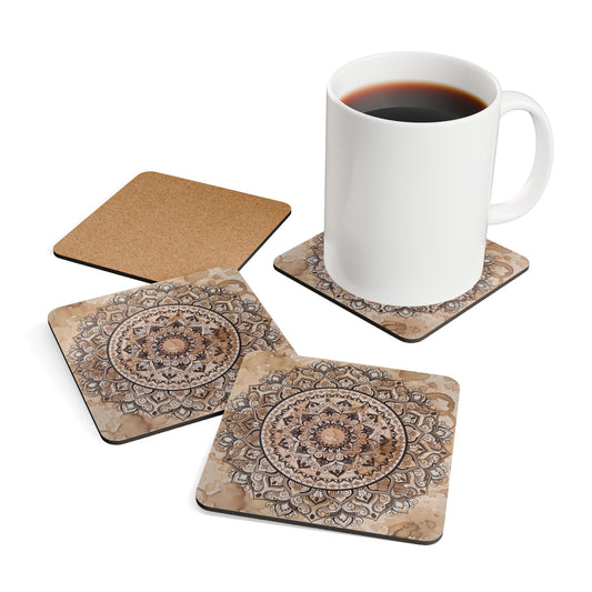 Mandala Cork Coaster Set — Espresso Beans Boho Coaster Set (4-Pack)