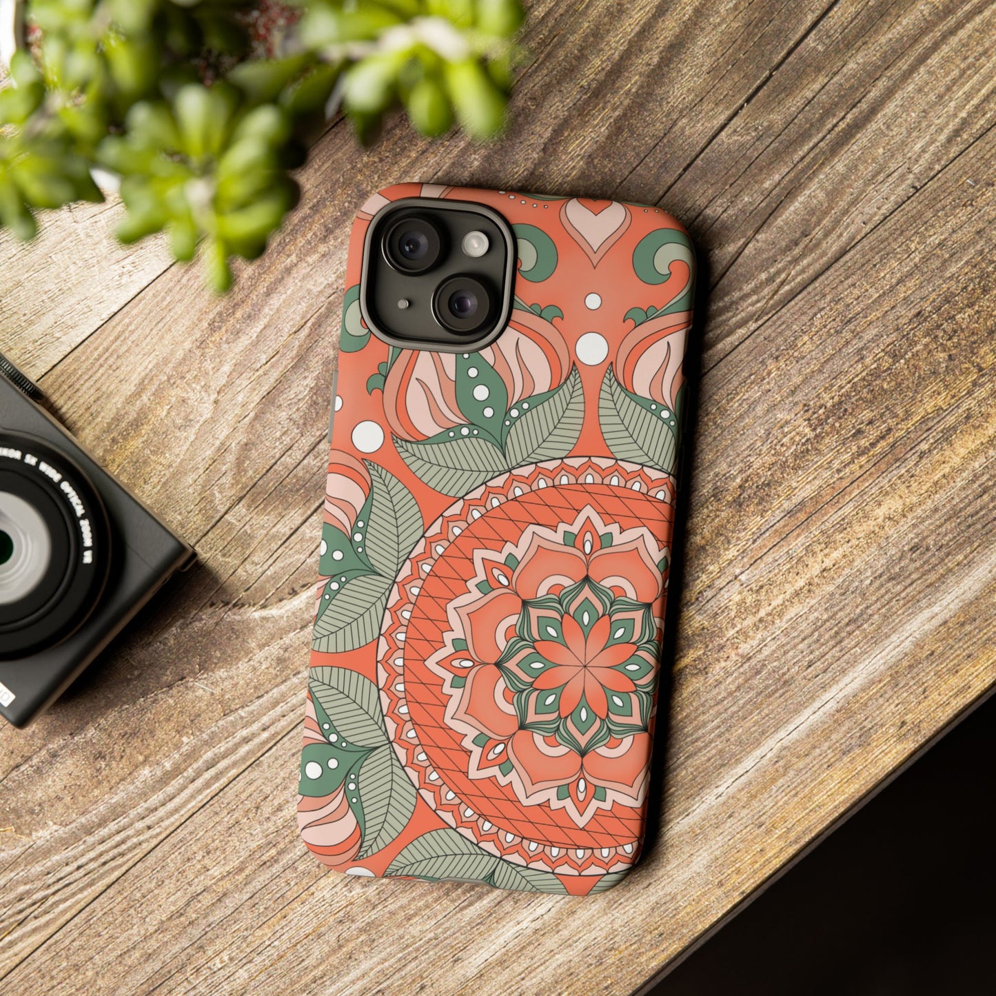 "Persimmon" Mandala Floral Phone Case — Boho Coral Green Protective Cover