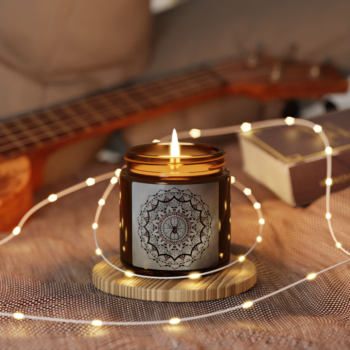Spooky Spider Mandala Soy Candle in Amber Jar