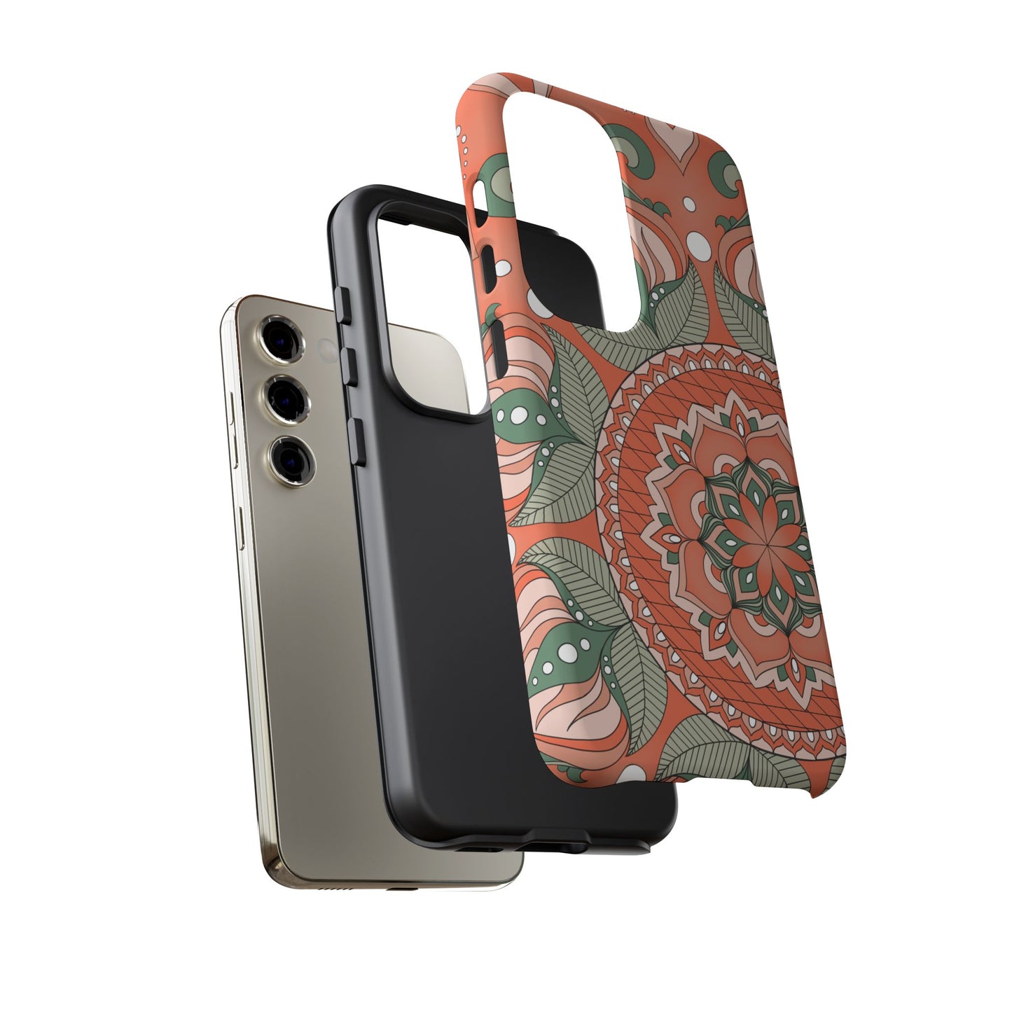 "Persimmon" Mandala Floral Phone Case — Boho Coral Green Protective Cover