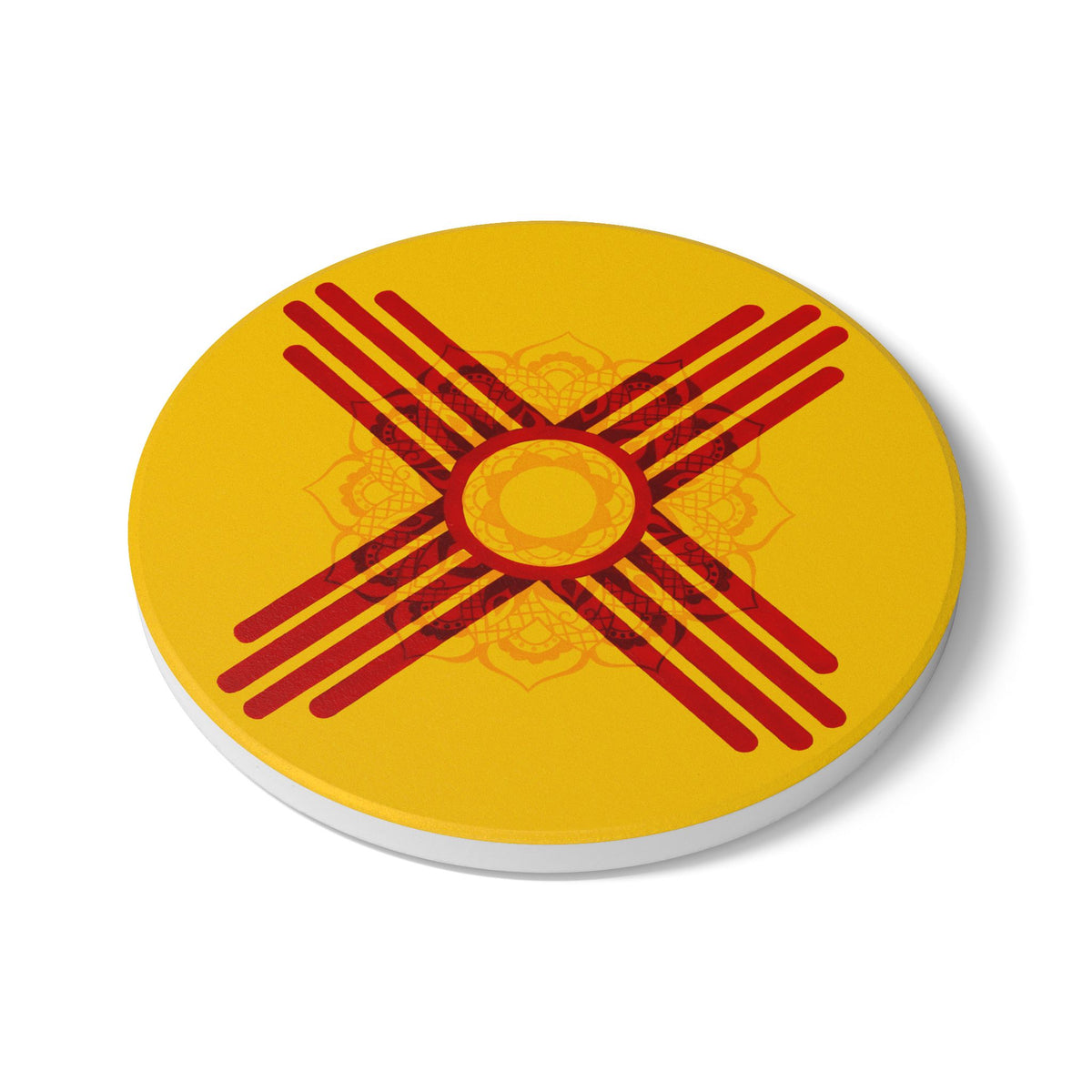 Zia Sun Ceramic Coaster — New Mexico Flag Symbol Yellow & Red Drink Mat