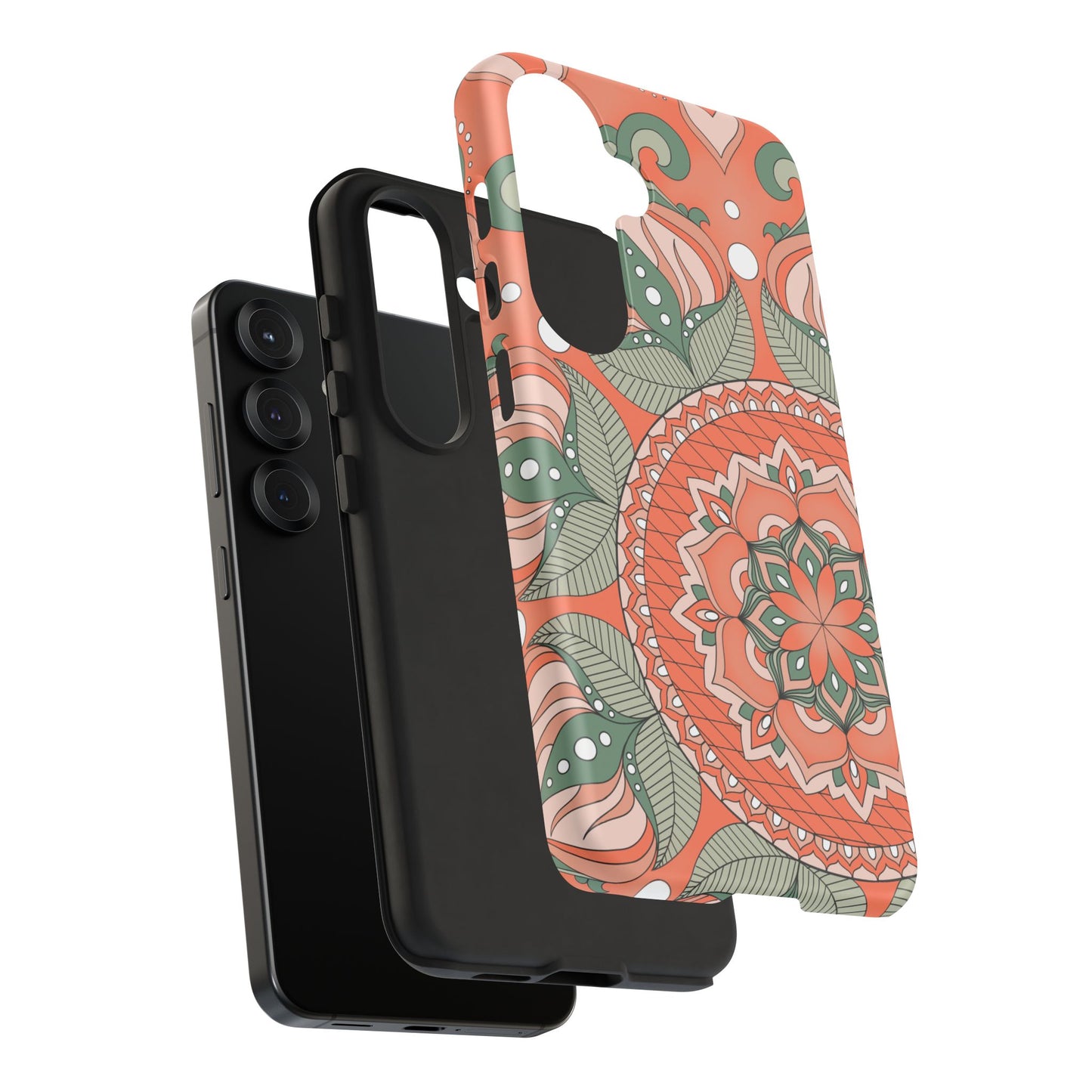 "Persimmon" Mandala Floral Phone Case — Boho Coral Green Protective Cover