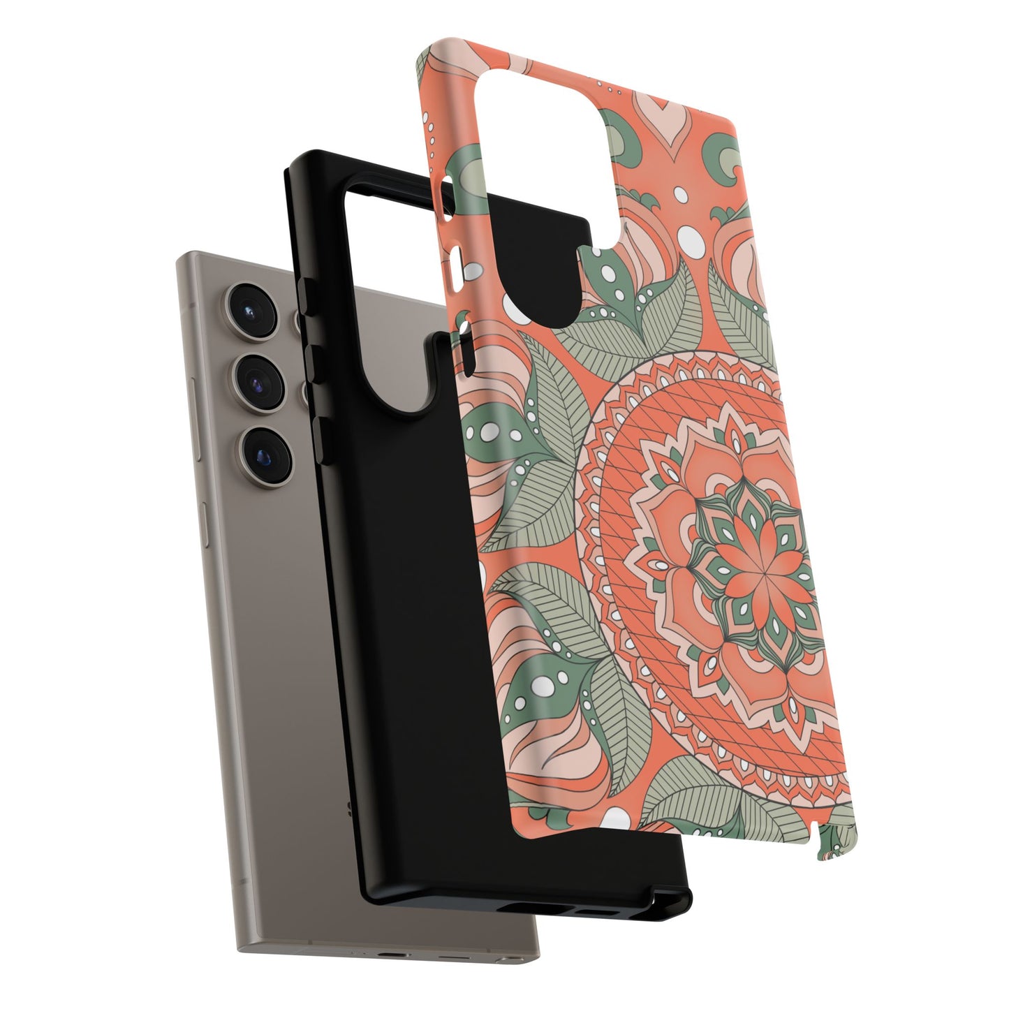 "Persimmon" Mandala Floral Phone Case — Boho Coral Green Protective Cover