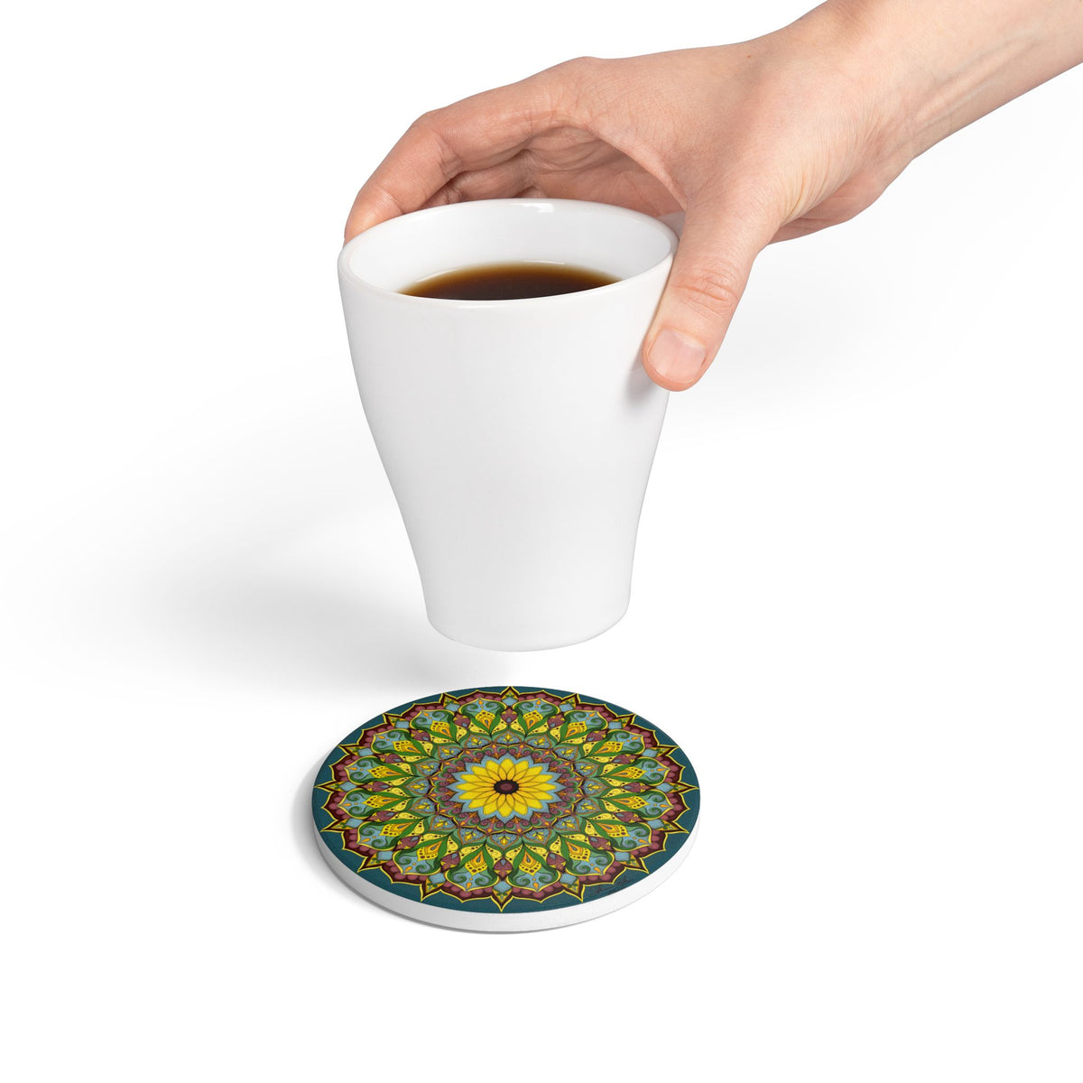 Sunflower Mandala Ceramic Coaster — Boho Floral Home Decor | Colorful Gift for Her