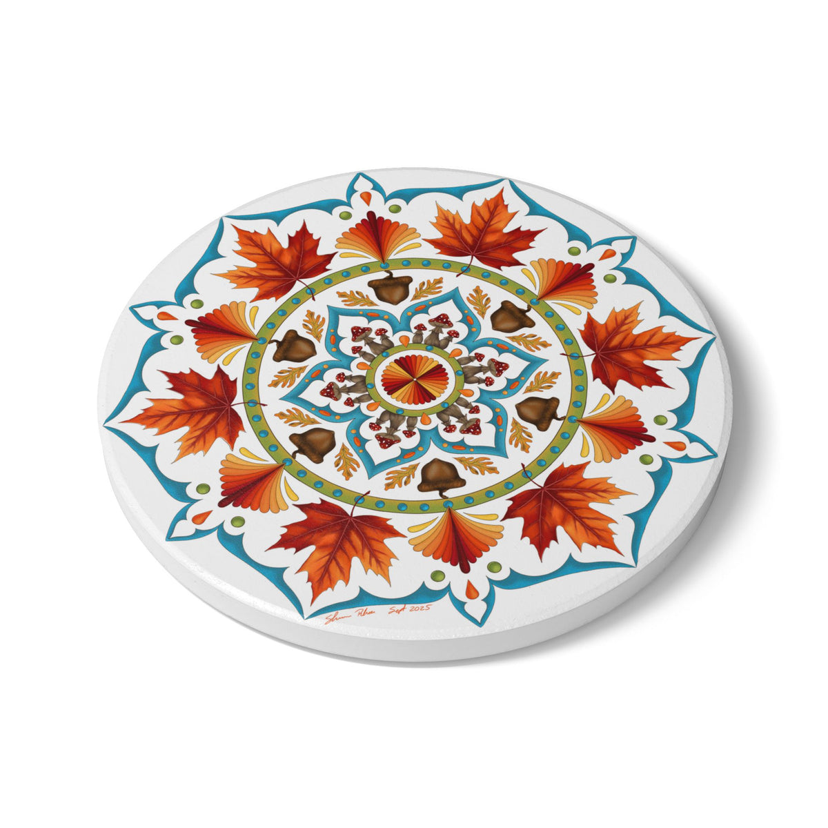 Autumn Mandala Ceramic Coaster — Fall Leaves & Acorns Boho Home Decor Gift