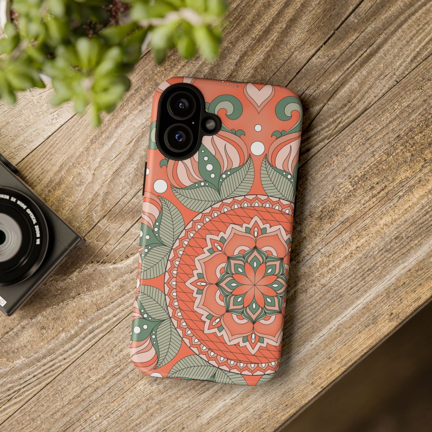 "Persimmon" Mandala Floral Phone Case — Boho Coral Green Protective Cover