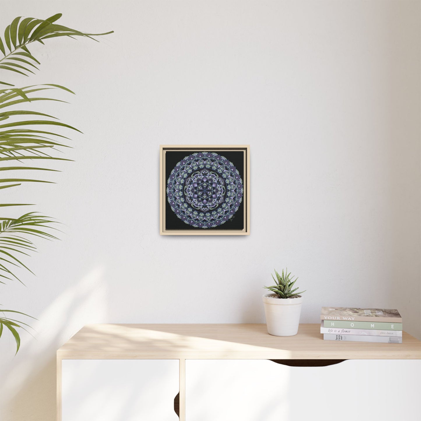 Framed "Wisteria Bloom" Mandala Wall Art — Purple Floral Geometric Canvas