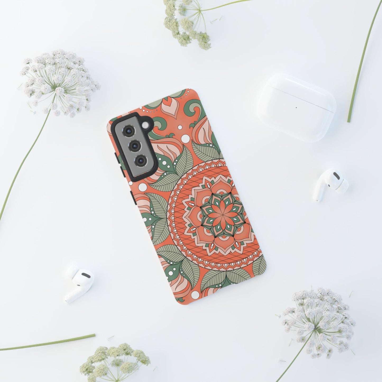 "Persimmon" Mandala Floral Phone Case — Boho Coral Green Protective Cover