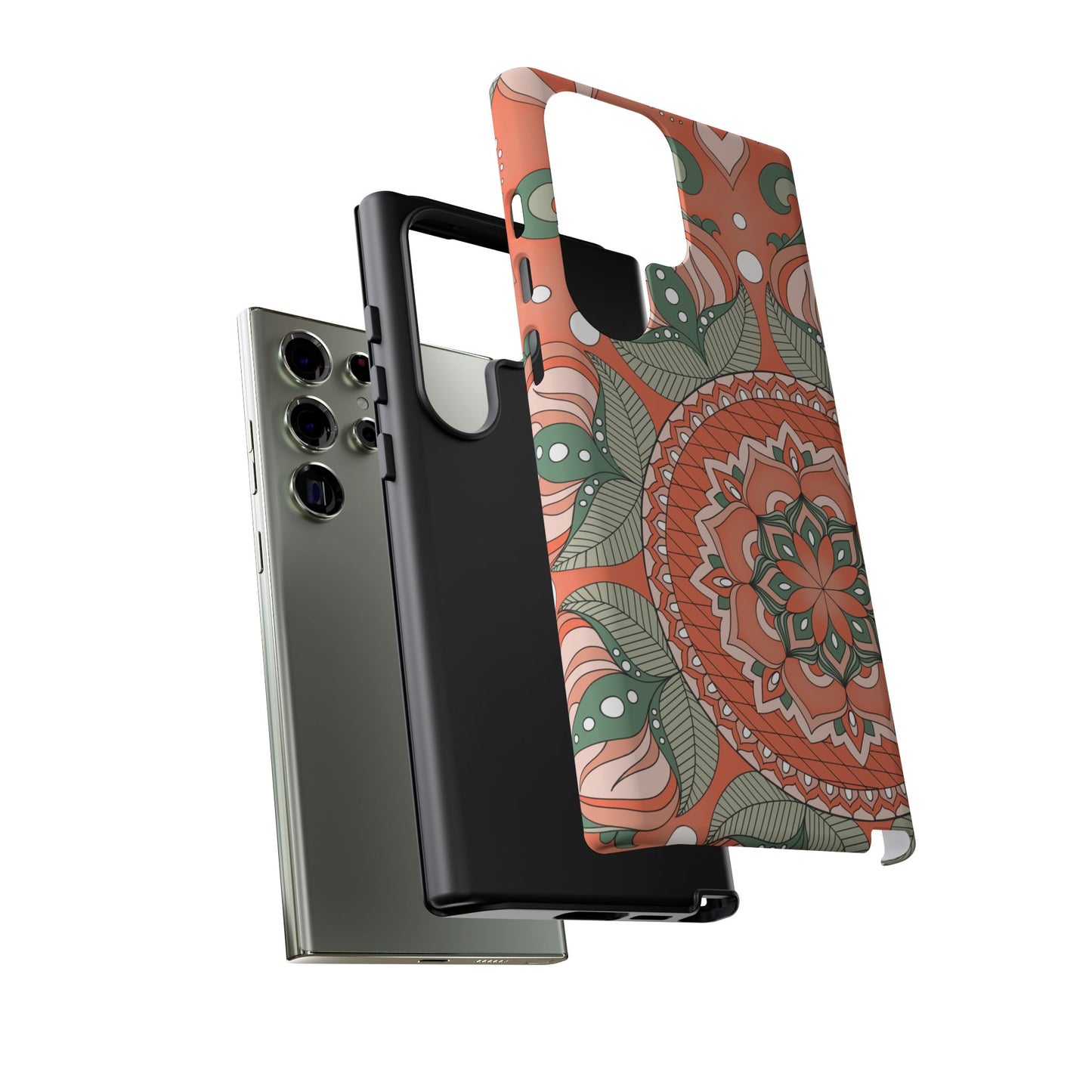 "Persimmon" Mandala Floral Phone Case — Boho Coral Green Protective Cover