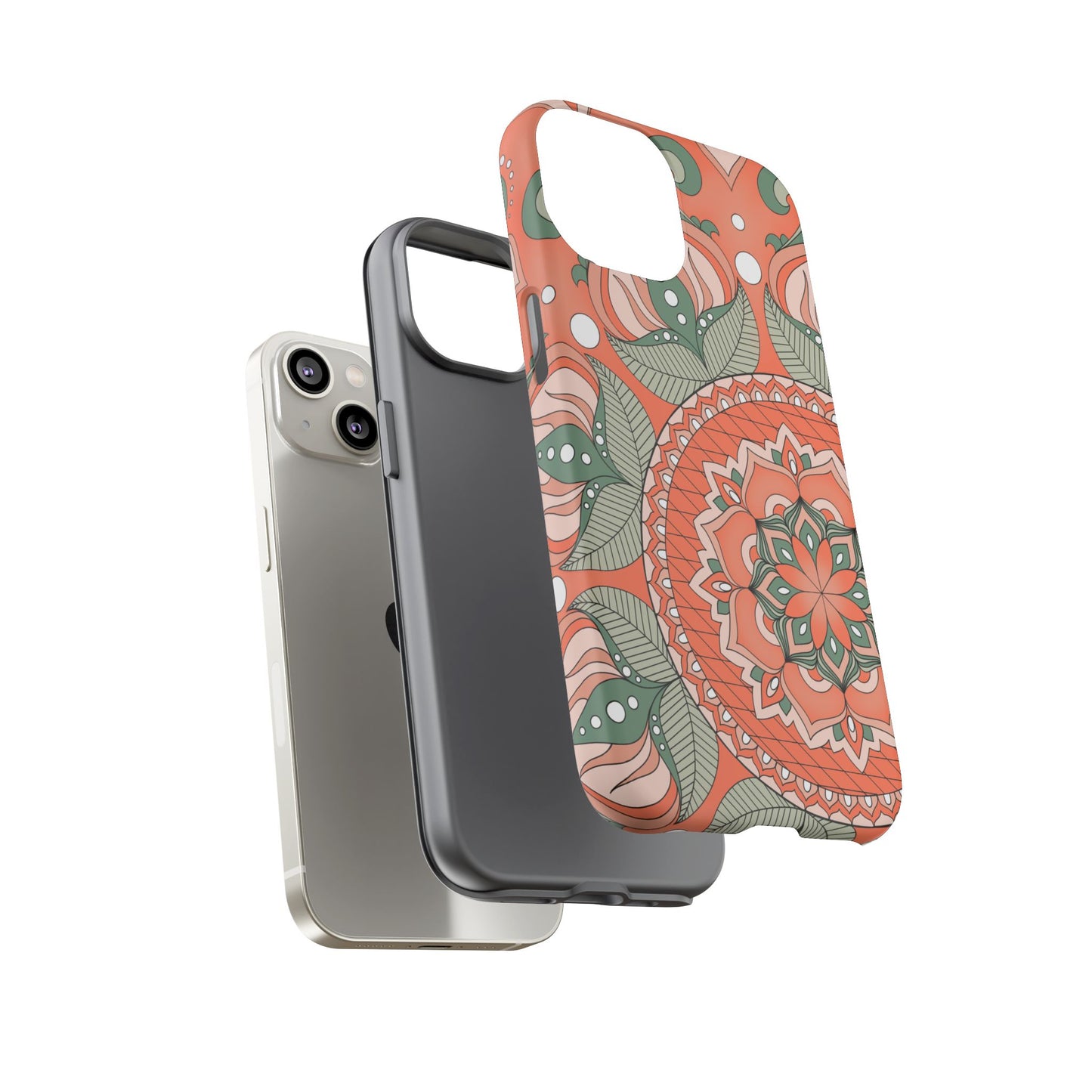 "Persimmon" Mandala Floral Phone Case — Boho Coral Green Protective Cover