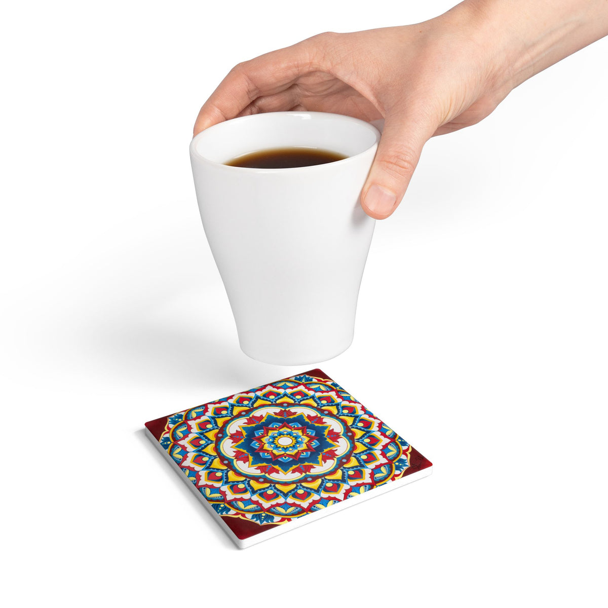 Mandala Ceramic Coaster — Colorful Boho Drink Coaster with Cork Back