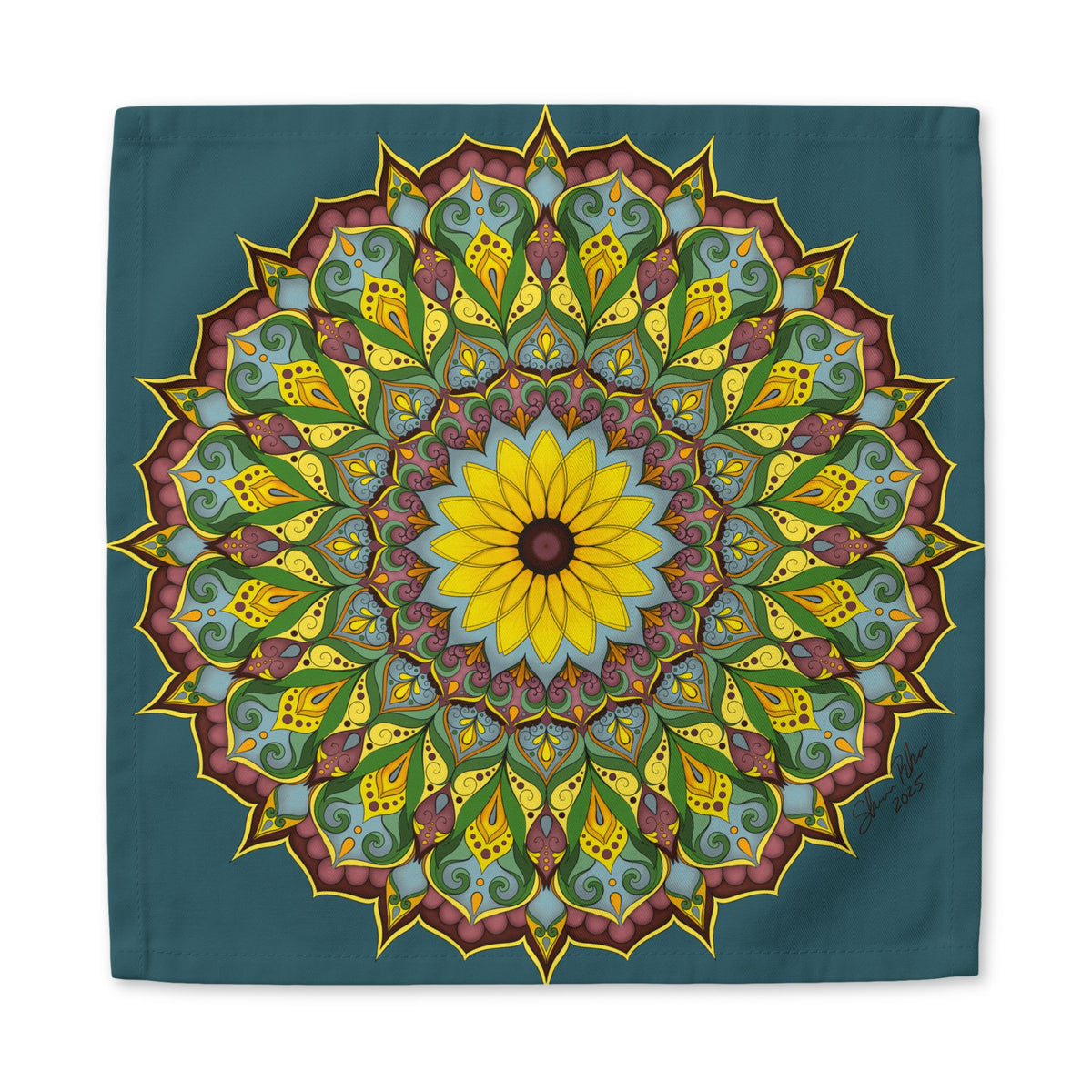 Mandala Sunflower Cotton Napkin — Boho Floral Table Linen | Cheerful Botanical Kitchen Gift