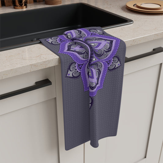 Purple Mandala Microfiber Tea Towel — Boho Floral Kitchen Towel | Meditative Home Decor Gift