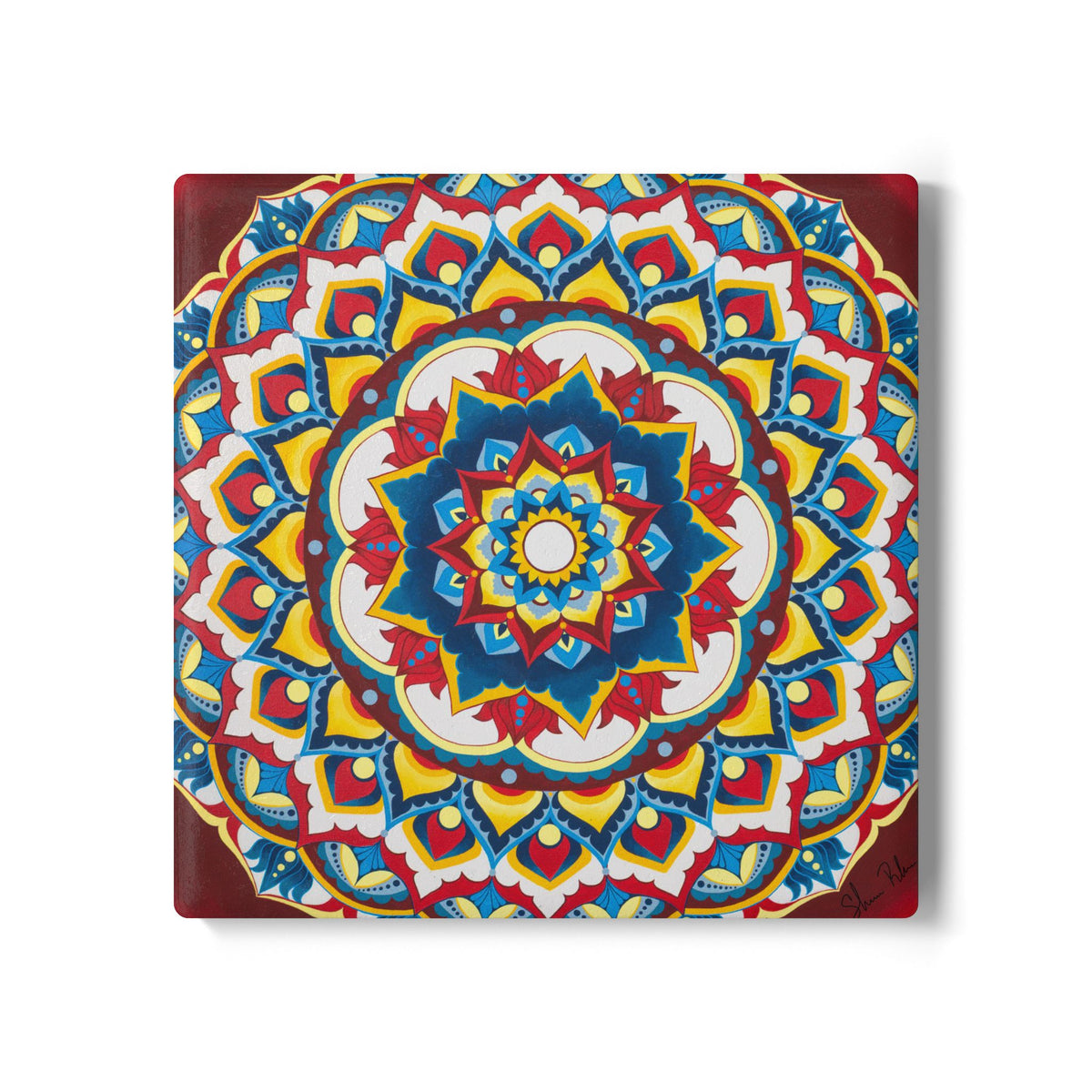 Mandala Ceramic Coaster — Colorful Boho Drink Coaster with Cork Back