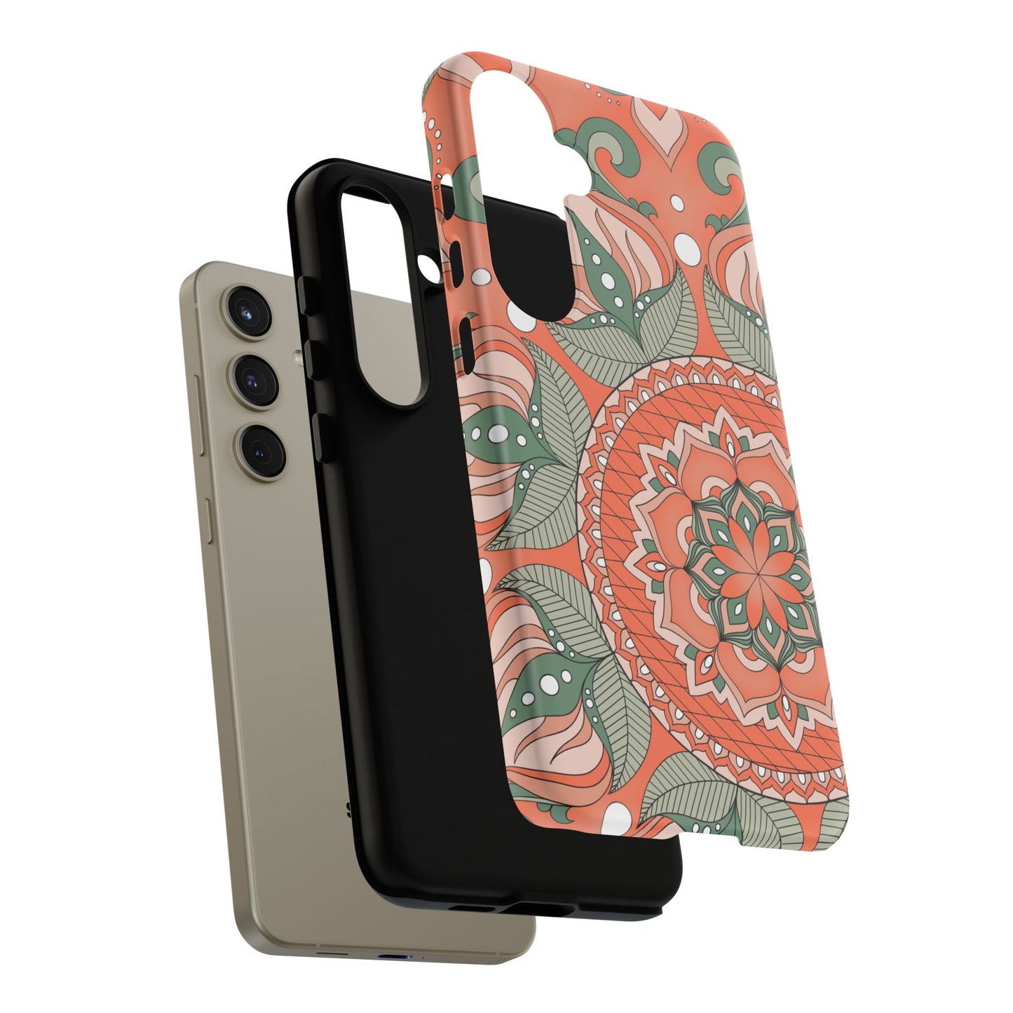 "Persimmon" Mandala Floral Phone Case — Boho Coral Green Protective Cover