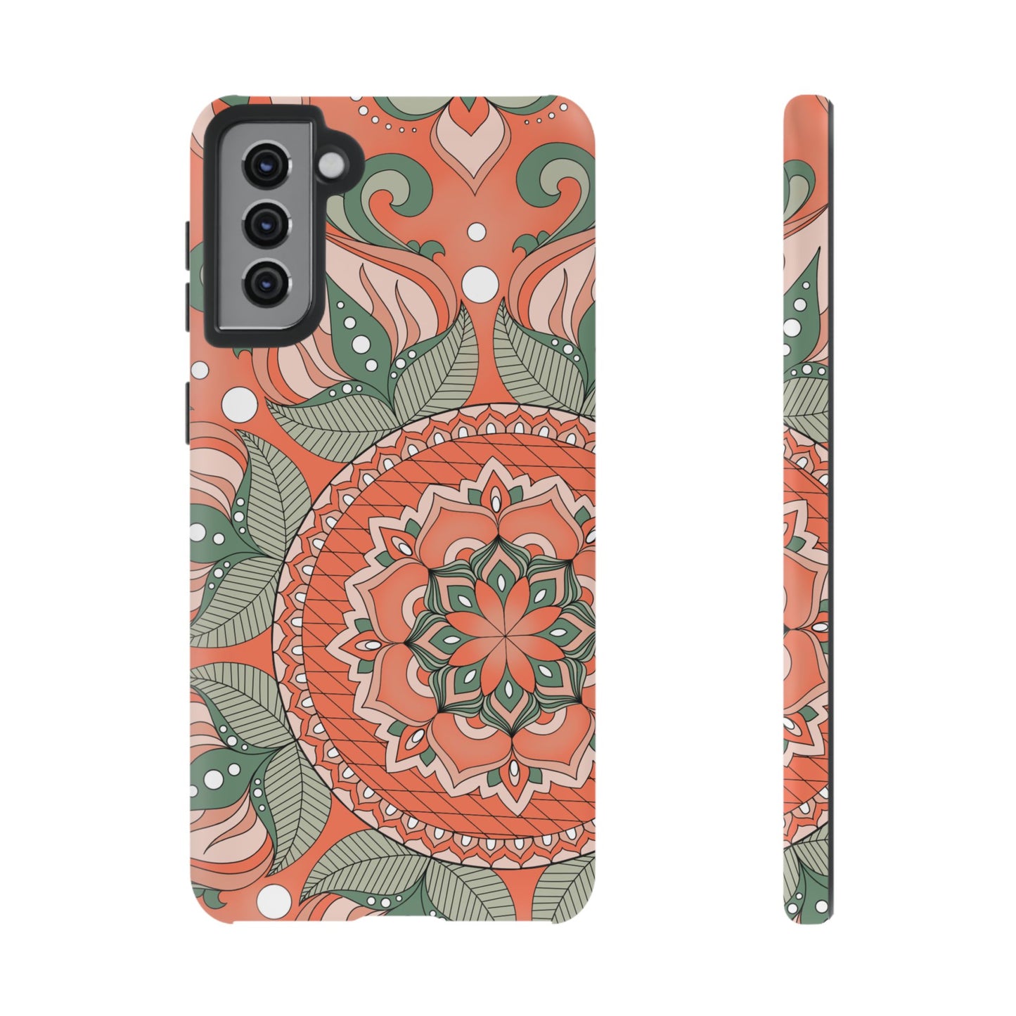 "Persimmon" Mandala Floral Phone Case — Boho Coral Green Protective Cover