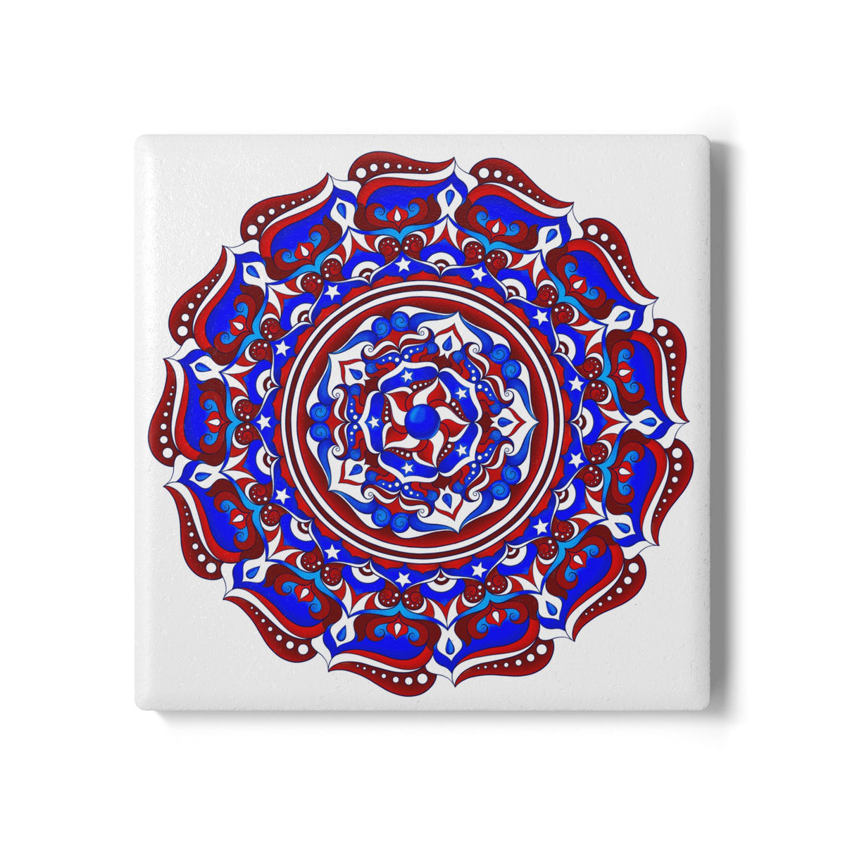 Patriotic Mandala Ceramic Coaster — Red White & Blue Boho Home Decor | 250th Anniversary Gift